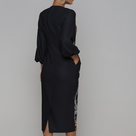 Navy Designer Print style 3/4 Sleeve Midi Dress - Picture 2 of 4